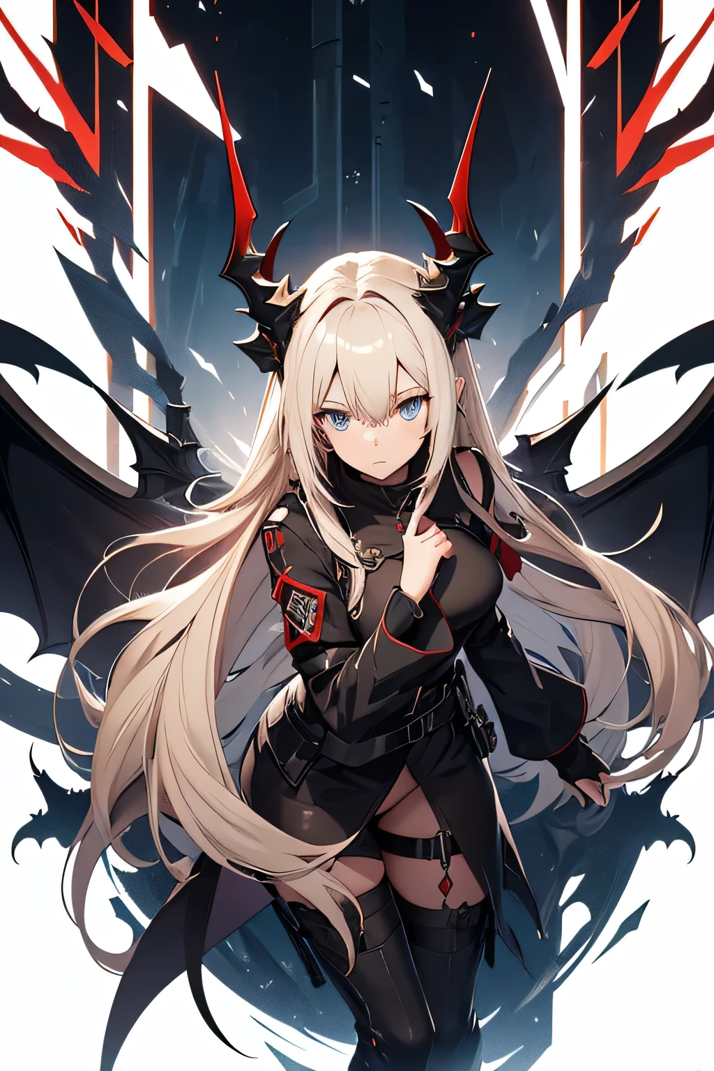 Arknights character Reed, woman with long pale blonde hair, blue-eyed, with black dragon horns pointing up and red dragon tail, wingless, wearing a black virgin killer