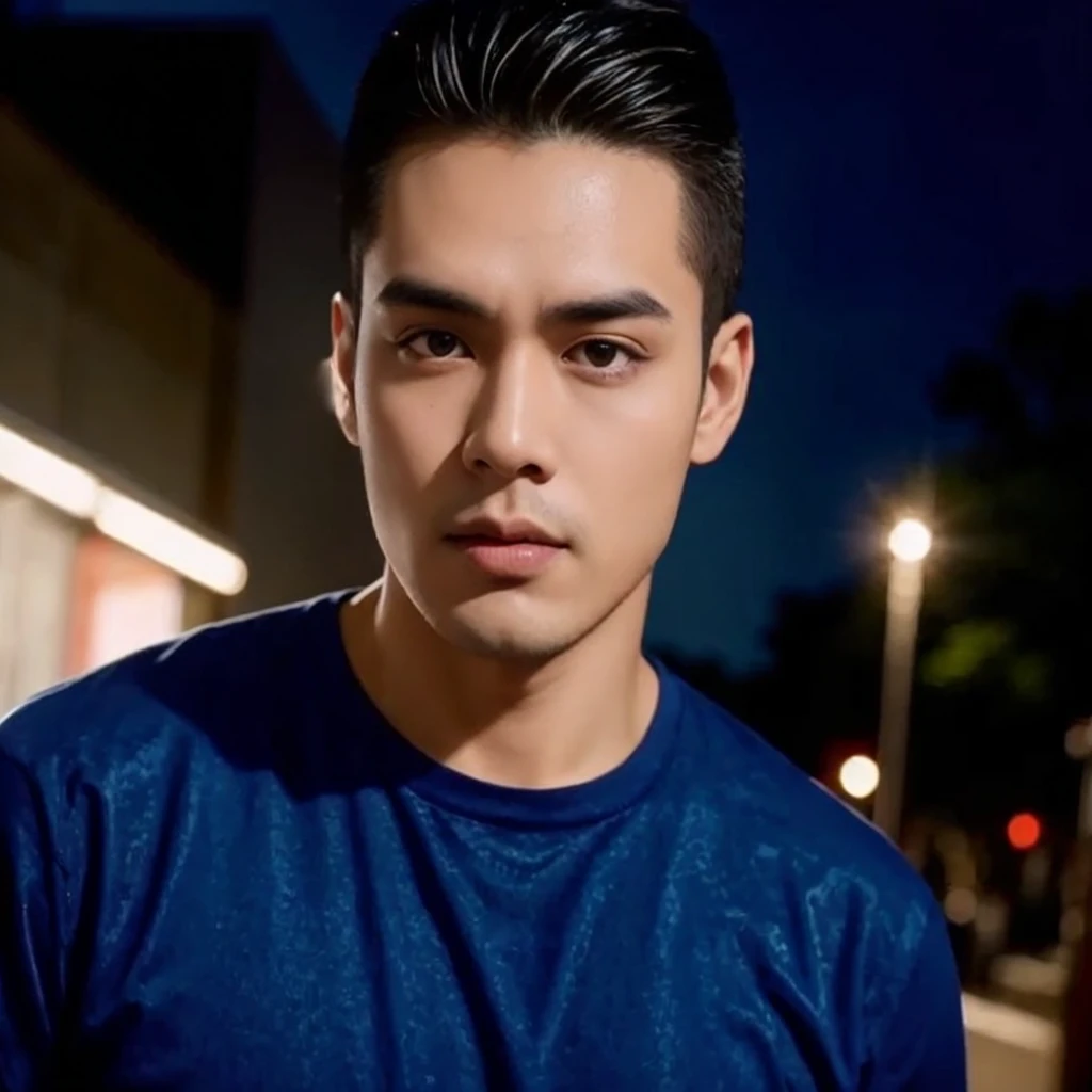 Southeast Asian men with round faces, black eyes, staring at the viewer, morning sun, ((face details)), Double eyelids, realistic, Masterpiece, Highest quality, lens flare, shade, [[Chromatic aberration, digital painting, 8K, 45,000,000,000 pixels,, t-shirt,black eyes,abdominal muscles, The body is beautiful and strong., (digital painting, HDR, high contrast