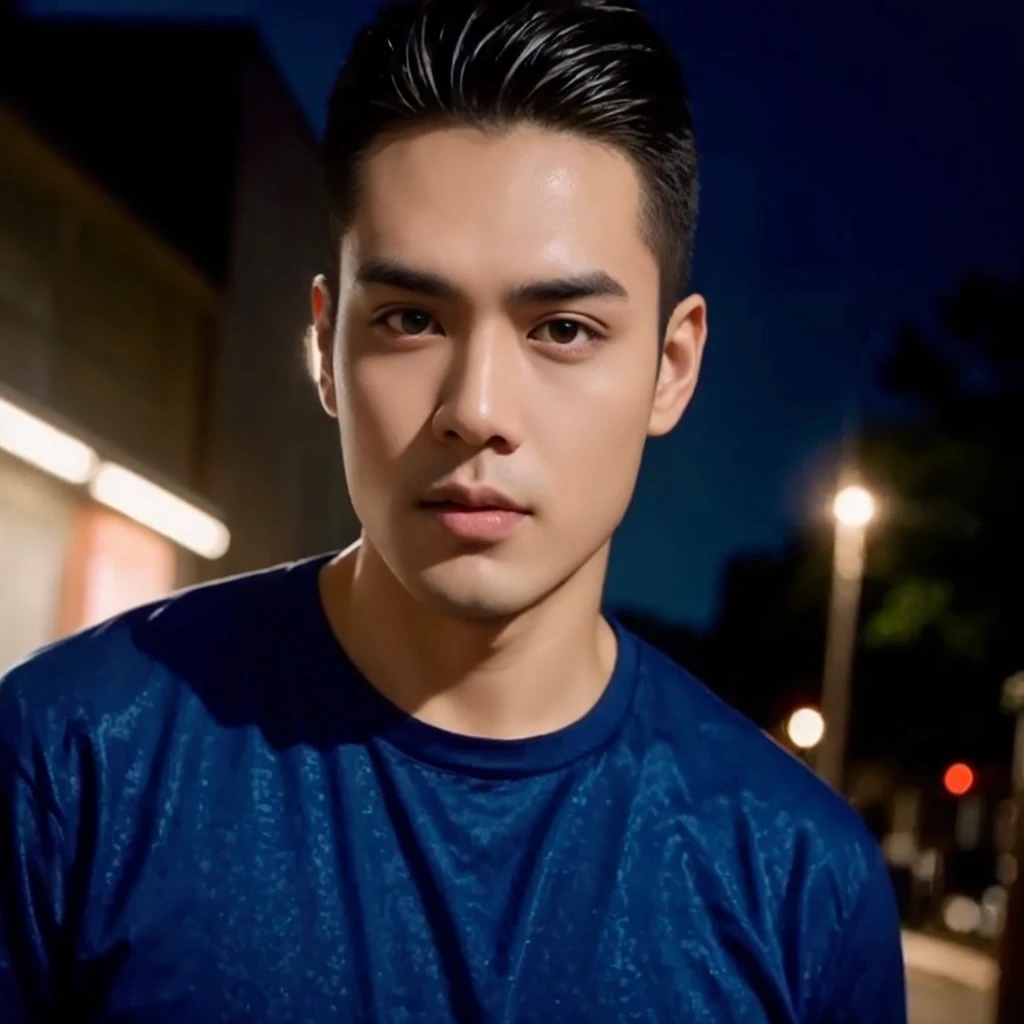 Southeast Asian men with round faces, black eyes, staring at the viewer, morning sun, ((face details)), Double eyelids, realistic, Masterpiece, Highest quality, lens flare, shade, [[Chromatic aberration, digital painting, 8K, 45,000,000,000 pixels,, t-shirt,black eyes,abdominal muscles, The body is beautiful and strong., (digital painting, HDR, high contrast