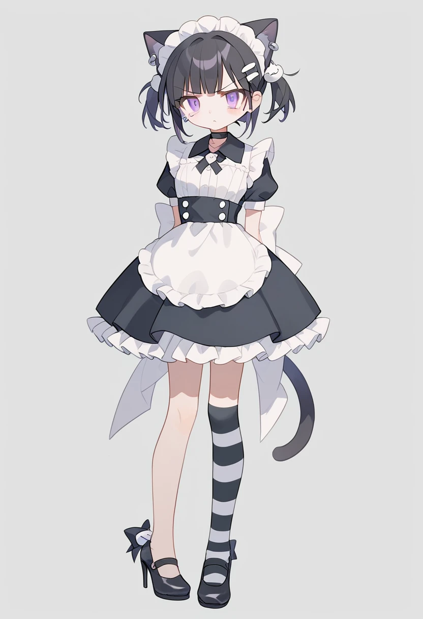 1girl,solo,hair maid ornament,bangs,cat ears,short sleeves, ((pink and black dress)),twintails,looking at viewer,puffy sleeves,purple eyes,puffy short sleeves,black hair,short hair,ear piercing,black choker,grey background,frilled sleeves,simple background,frilled dress, puffy dress, angry look,striped thigh socks, black high heels, full body score_9,score_8_up,score_7_up,Expressiveh,rating_safe,(masterpiece, best quality)