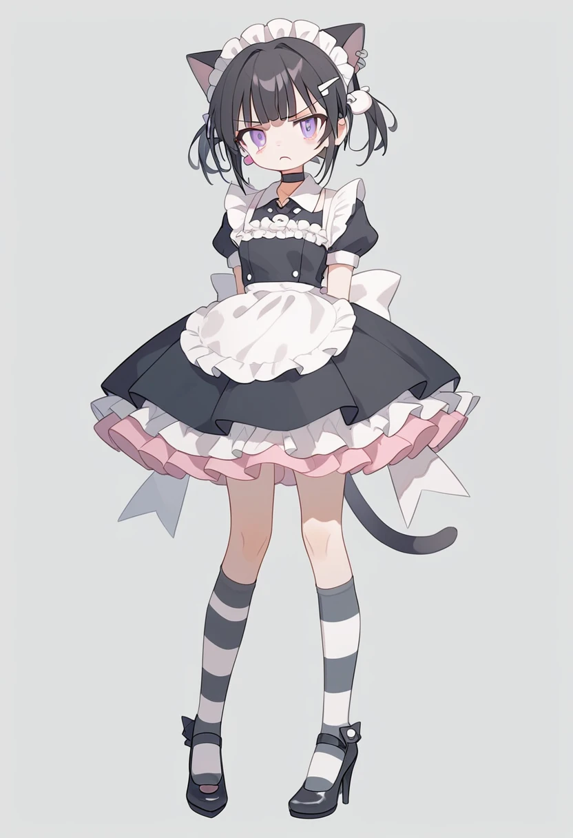 1girl,solo,hair maid ornament,bangs,cat ears,short sleeves, ((pink and black dress)),twintails,looking at viewer,puffy sleeves,purple eyes,puffy short sleeves,black hair,short hair,ear piercing,black choker,grey background,frilled sleeves,simple background,frilled dress, puffy dress, angry look,striped thigh socks, black high heels, full body score_9,score_8_up,score_7_up,Expressiveh,rating_safe,(masterpiece, best quality)