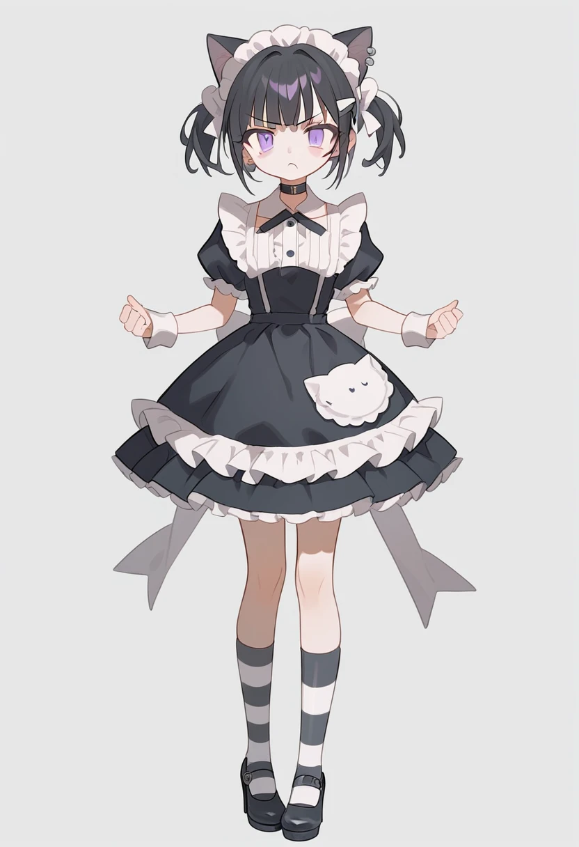 1girl,solo,hair maid ornament,bangs,cat ears,short sleeves, ((pink and black dress)),twintails,looking at viewer,puffy sleeves,purple eyes,puffy short sleeves,black hair,short hair,ear piercing,black choker,grey background,frilled sleeves,simple background,frilled dress, puffy dress, angry look,striped thigh socks, black high heels, full body score_9,score_8_up,score_7_up,Expressiveh,rating_safe,(masterpiece, best quality)