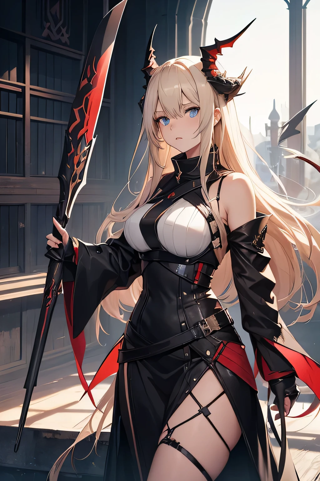 Arknights character Reed, woman with long pale blonde hair, blue-eyed, with black dragon horns pointing up and red dragon tail, wingless, wearing  a black virgin killer dress