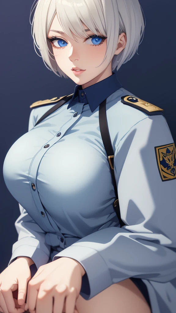 1girl,realistic,short hair,gigantic breast, uniform, long sleeve shirt,extremely detailed eyes and face,longeyelashes,beautiful detailed lips,masterpiece,blue background