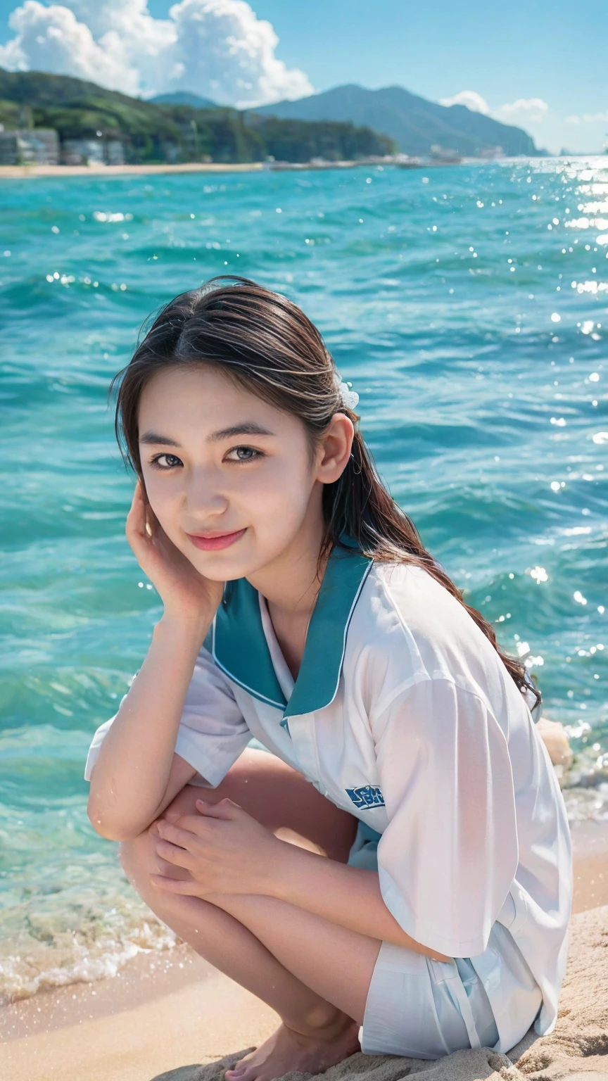 (((sunny day、Japanese 、Beach、A strong wind is blowing、Her hair and skirt are flying、Crouch down, Scooping up seawater and spreading your hands、Traditional navy blue sailor uniform、White blouse、Pleated skirt、Scooping seawater with hands:1.25、splash、Splashing water on each other、smile、Laughter、Sandy Beach、Light of the sun、clear blue sea、The waves crash quietly、Blue sky and white clouds、green mountain々、Beautiful Nature、The joys of youth)))、(((Top-down configuration:1.33)))、(((8K、Highest quality、masterpiece、Ultra-high resolution)))、(Realistic:1.4)、RAW Photos、(Real skin texture:1.3)、(Film Grain:1.3)、((No underwear、Bend one leg))、One Girl、Beautiful and detailed eyes and face、barefoot、