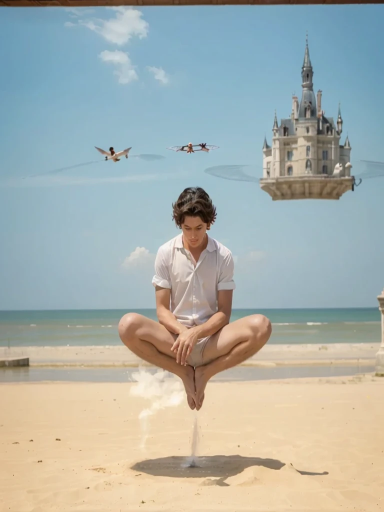 There is a boy sitting on the beach with a castle in the background, castles floating in the air, levitating above the ground, flying castle, rising in the air levitating, levitating, photo manipulation, surreal photo, surreal photography, forced perspective, levitation, beach surreal photography, levitating sand, photography alexei gurylev, surreal portrait photography, very wicked dark ghost shadows