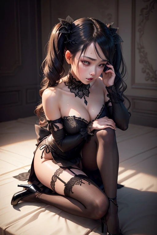 Sensual woman、Beautifully detailed eyes、Beautifully detailed lips、Highly detailed face、Long eyelashes、Graceful appearance、Gothic dresses、Soft lighting、Dramatic Shadows、A calming color palette、Cinematic composition、Photorealistic、(Highest quality) 、4K、8K、High Resolution、masterpiece:1.2)、Super detailed、(Real、Photorealistic、Photorealistic:1.37)、Black panties、Stiletto heels、sit、sensual pose、bold pose、The skin is damp、Sweating、
masochist、blush、Embarrassed、Expressions of ecstasy、Her legs are spread wide、Distorted facial expressions、Tears are flowing、Heavily wet、With water droplets、Wrists tied、Leaning back、Holding something big Black metal vibes、Gothic ta Clothing、Tied up with rope、Twin tails、Glitter on bare skin