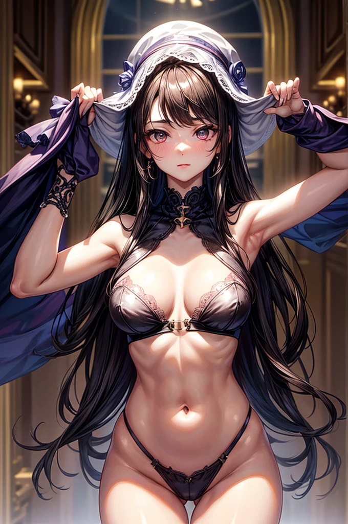 gorgeous, masterpiece, best quality, high-resolution, finely detailed, extremely detailed and beautiful, distinct-image, 1 girl, 16 year old ager, solo, sharp facial features, oval shaped face. cherry pink lips, lightly tanned white skin. velvet-colored eyes, C-cup breasts, tall height(175cm), slim yet chiseled body type, short shoulder length dark violet-black hair, small narrow waist, long and slender legs, curvy wide hips, crisscross bralette top, stockings