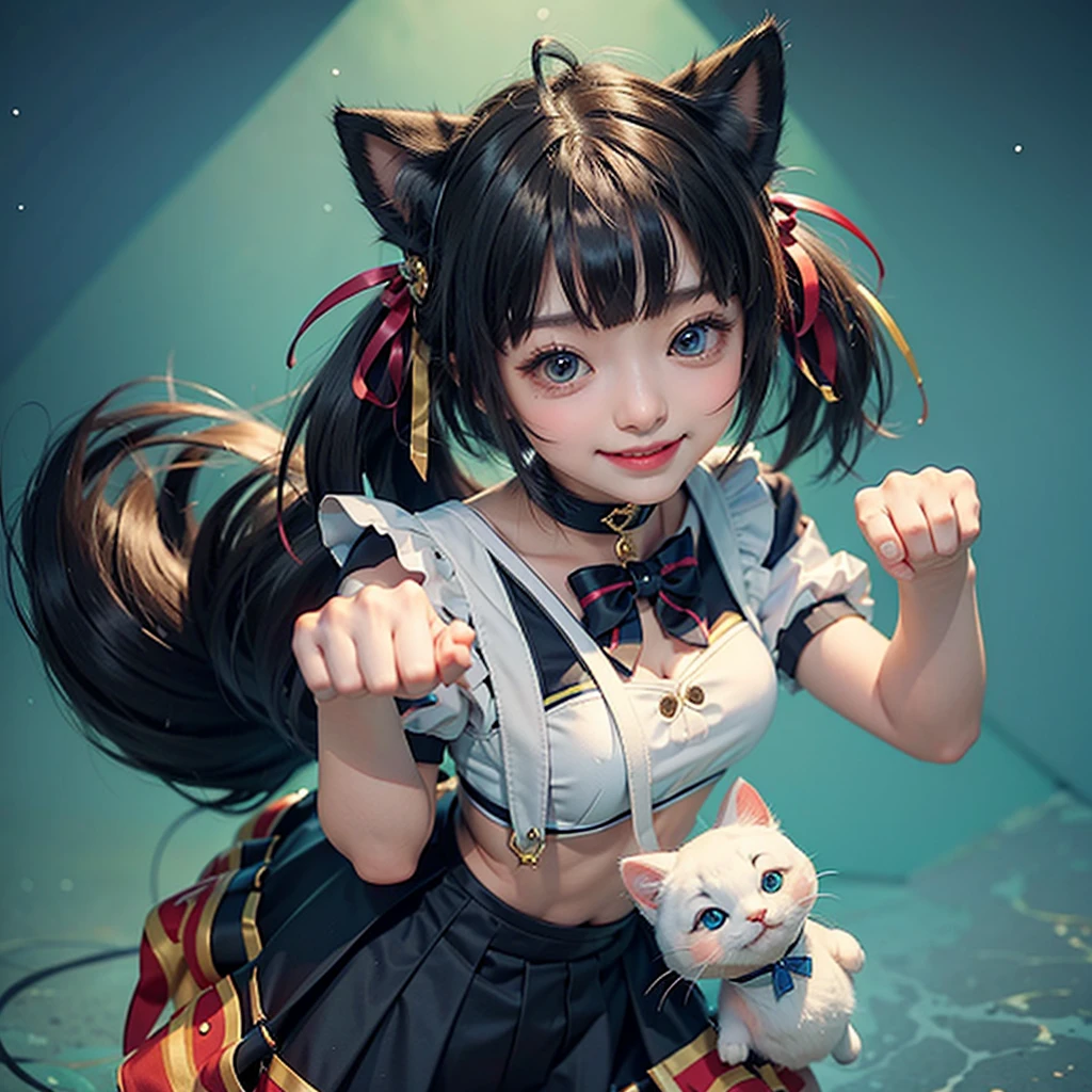 最high quality, (masterpiece:1.2), Very detailed, Are standing, Cat ear, One girl, alone, Looking at the audience, Mouth open, smile, From above, Cat's Fangs,Red Hair, Red clothes、White apron、Twin tails , Blue ribbon hair ornament, Tie your hair up, beautiful, beautiful woman, Perfect body, Perfect breasts, Wear earrings, wear the watch, Looking at the audience, a smile, realism, masterpiece, Skin Texture, Very detailed, High detail, high quality, 最high quality, 1080P, 16K