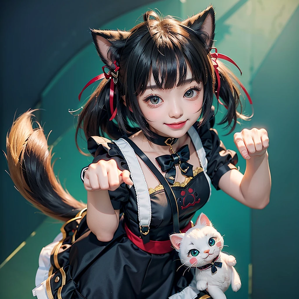 最high quality, (masterpiece:1.2), Very detailed, Are standing, Cat ear, One girl, alone, Looking at the audience, Mouth open, smile, From above, Cat&#39;s Fangs，Red Hair, Red clothes、White apron、Twin tails , Blue ribbon hair ornament, Tie your hair up, beautiful, beautiful woman, Perfect body, Perfect breasts, Wear earrings, wear the watch, Looking at the audience, a smile, realism, masterpiece, Skin Texture, Very detailed, High detail, high quality, 最high quality, 1080P, 16K