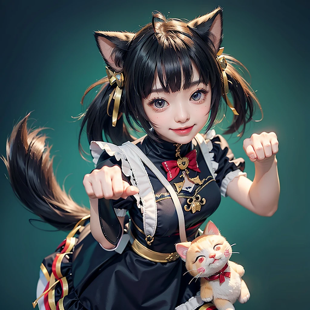 最high quality, (masterpiece:1.2), Very detailed, Are standing, Cat ear, One girl, alone, Looking at the audience, Mouth open, smile, From above, Cat&#39;s Fangs，Red Hair, Red clothes、White apron、Twin tails , Blue ribbon hair ornament, Tie your hair up, beautiful, beautiful woman, Perfect body, Perfect breasts, Wear earrings, wear the watch, Looking at the audience, a smile, realism, masterpiece, Skin Texture, Very detailed, High detail, high quality, 最high quality, 1080P, 16K