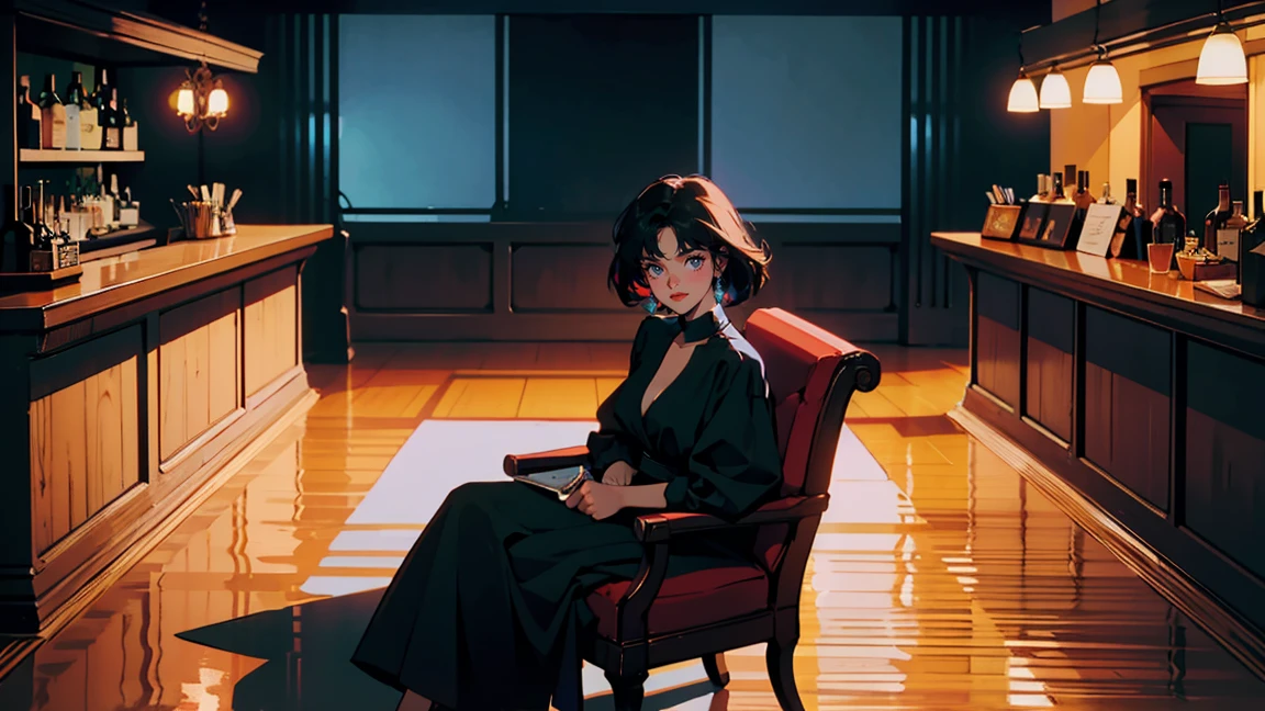 Classic bar counter in a luxury hotel,Cocktail,A dress with atmosphere, Adult woman sitting on a chair , smile, (Backlight: 1.1), A scene from a movie, Soft Shadows, masterpiece, Highest quality, Complex, Model shooting style, Film Grain, Wide Shot、Red lipstick、Blue tones