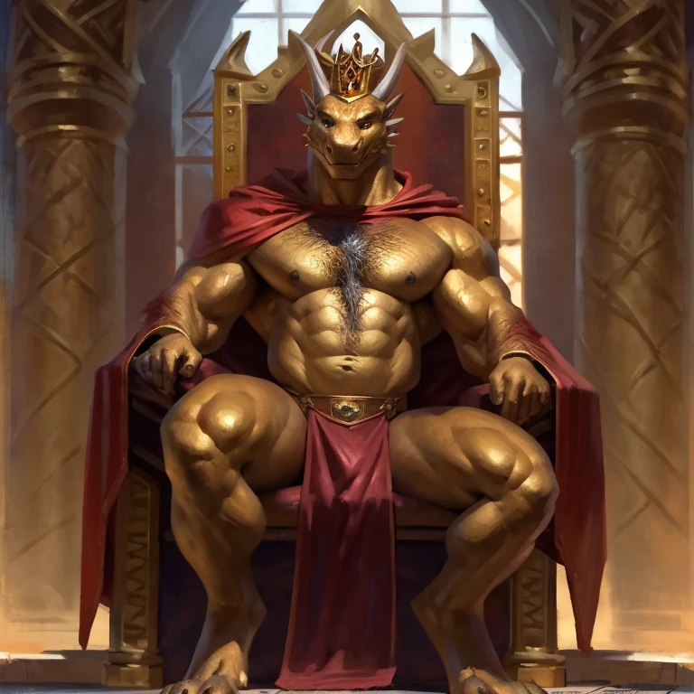 ((masterpiece, best quality)), sharp focus, 8k hd, depth of field, by Taran Fiddler, solo, dragon, anthro, male, golden scales, horns, spikes, chest hair, throne, throne room, king, crown, regal, loincloth, red cape, upper body, portrait, character focus
