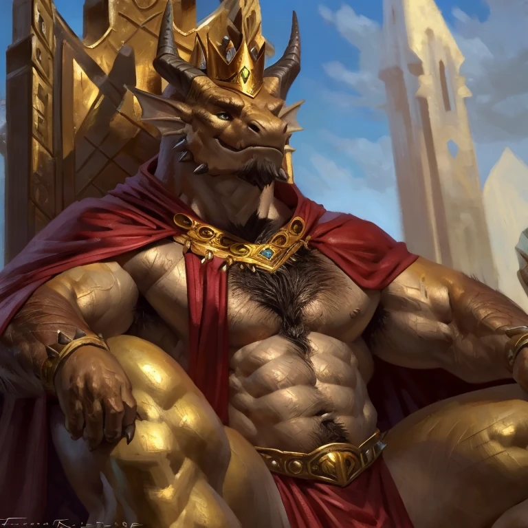 ((masterpiece, best quality)), sharp focus, 8k hd, depth of field, by Taran Fiddler, solo, dragon, anthro, male, golden scales, horns, spikes, chest hair, throne, throne room, king, crown, regal, loincloth, red cape, upper body, portrait, character focus