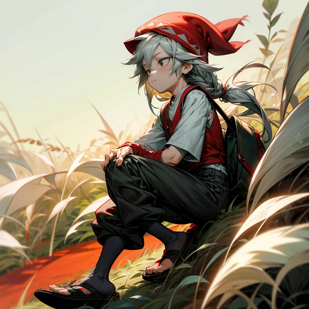 1little boy, Full body version, 1character, black eyes color, milk skin, long hairstyle, monolod eyes type, silver colour hair, Farmer villager clothing style, red color clothing, black pants, white scraf, Ancient roman sandals, vest, green Beanie, Grassroots background in field villager, motion blur