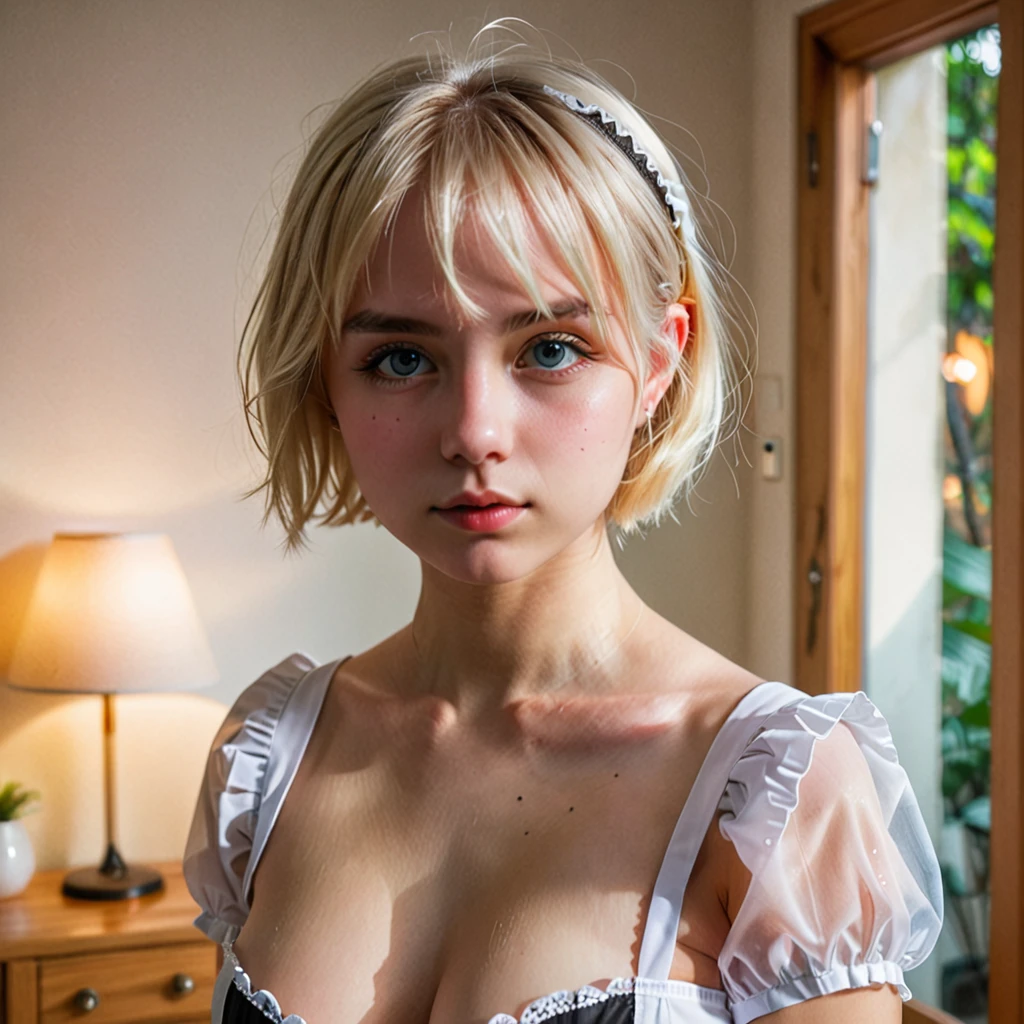 1girl in, age22, Solo, short blond hair, looking at camera, o-face, translucent white fairly skin, blonde hair, full body, (extremely detailed 8k wallpaper), soft lighting, high quality, film grain, Fujifilm XT3 sharp focus, f 5.6, 50mm, High Detail, Sharp focus, (natural light), (seductive), revealing, realistic, sexy, ((Detail eye)), ((Eye: 1.2), ((wearing sexy traditional maid)), (breast: 1.2)