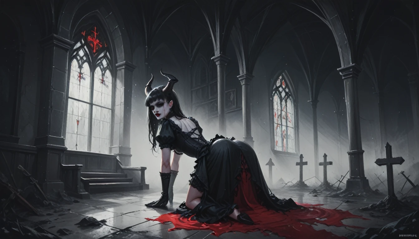 a painting of a holy succubus with horns, all fours, ass, gloves, gothic dress, vampire the masquerade bloodlines, incredible art, gloomy background, nimbus, church ragged vestments, darksketch