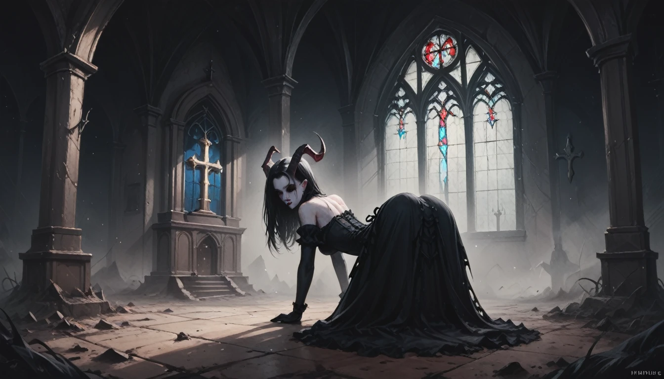 a painting of a holy succubus with horns, all fours, ass, gloves, gothic dress, vampire the masquerade bloodlines, incredible art, gloomy background, nimbus, church ragged vestments, darksketch