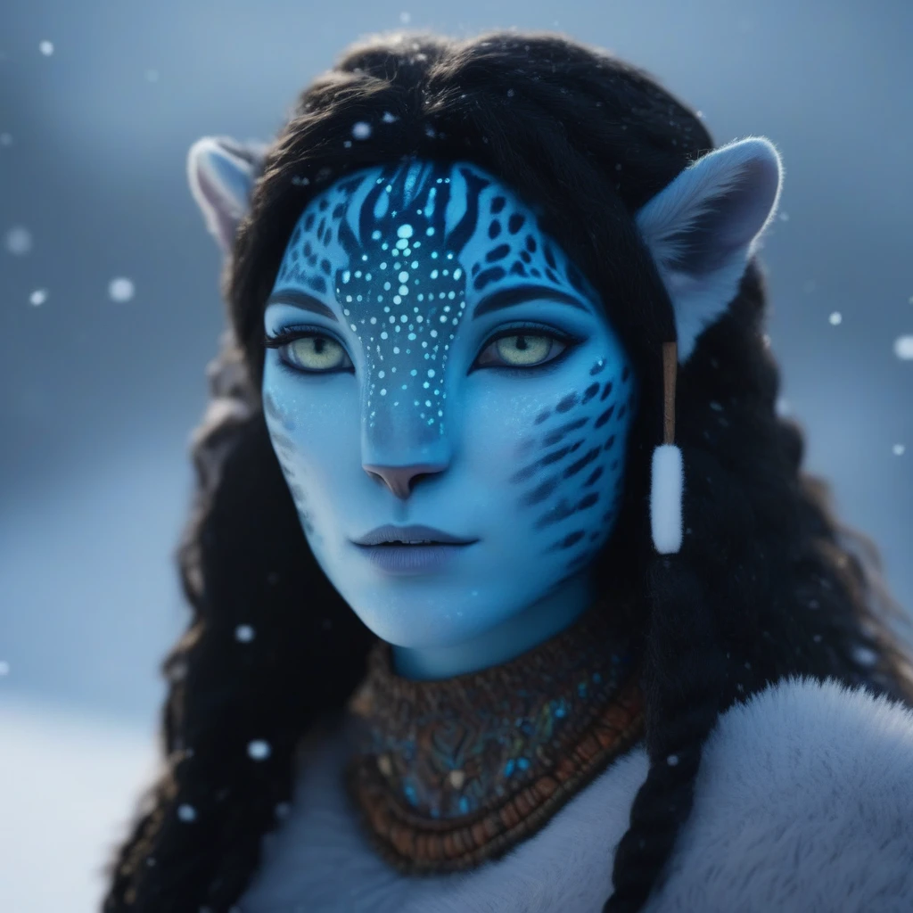 (face portrait), na'vi, 1girl, female, (lilac eyes), ((big detailed alien eyes)), ((eyebrowless)), ((pointy ears)), (light blue skin tone), (wavy hair), dutchbraids, black hair color, ((long hair)), (young adult), 18 years old, face wrinkles, ((wearing inuit winter clothing)), (wearing tribal acessories), detailed eyes, snow leopard spots all over skin, toned body, muscled body, vibrant colors, ethereal atmosphere, surrealistic dreamy lighting, textured skin, otherworldly beauty, mesmerizing photography, (best quality, highres), vivid colors, ultrarealistic, skin details, sfw, face close-up, ultradetailed body, (white skin), dark background, snow mountain background