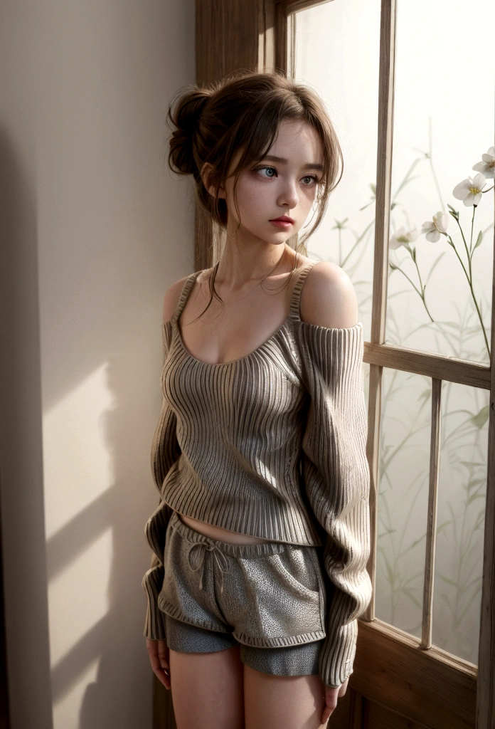 (), big fit ass ,(work of art), best qualityer, extremely detaild, (water colour), blossom, Delicate and gorgeous, illustration, (from low),(1 girl:1.4), (standing alone:1.2), seios big fit asss, (ribbed sweater:1.3), ombro to ombro sweater, (short shorts:1.2), bared shoulders, (below the chest), ((darkskin:0.8)), gorgeous eyes, (disheveled hair ), fot, over shoulder shot, por Alex Maleev, proffesional, Canon Camera, Nikon Camera, Spitz, bokeh, Studio quality, Fish-eye lens, by Robert Capa ,