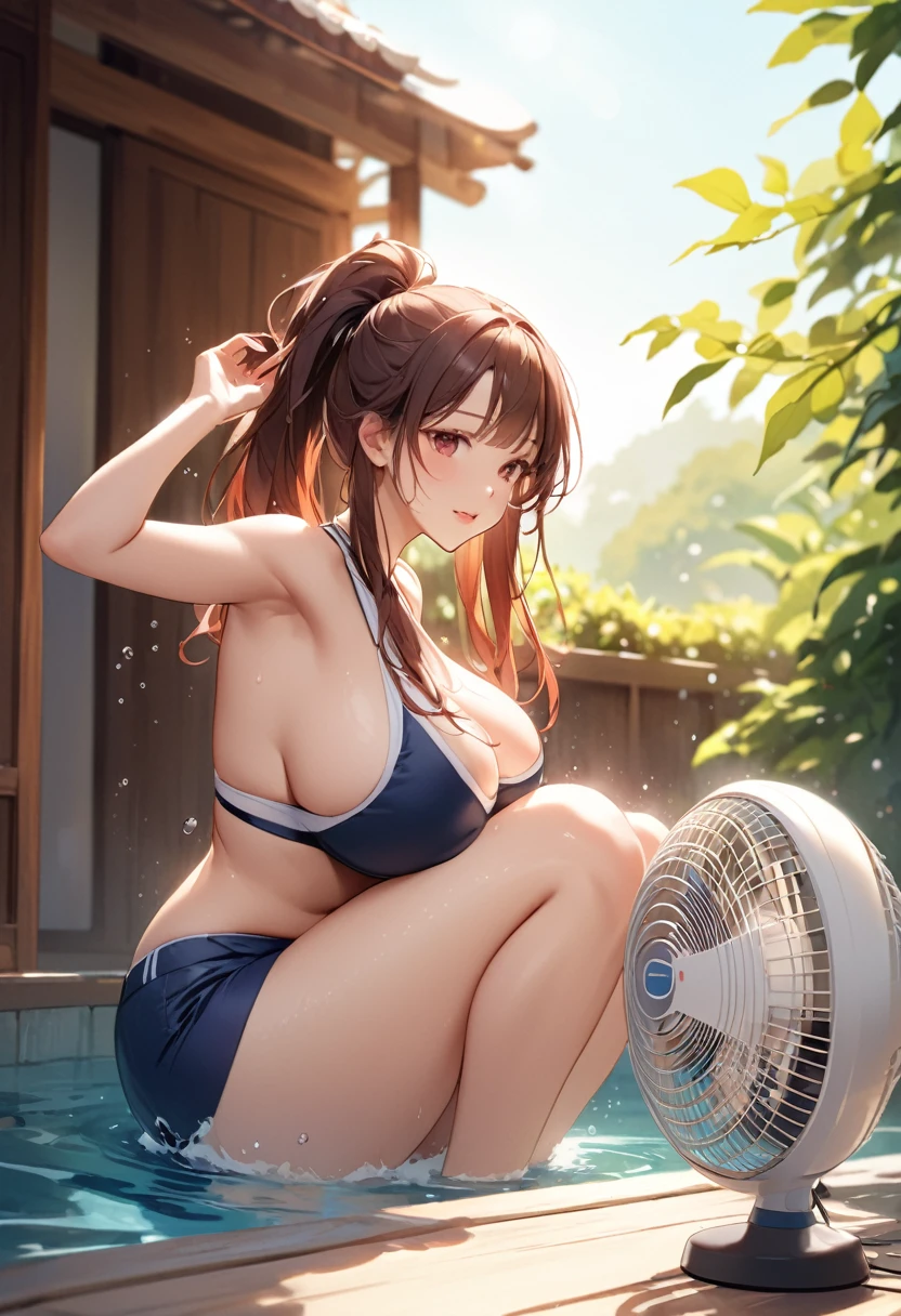 Highest quality、High resolution、Detailed Background、Beautiful face in every detail、Anatomically correct、Detailed eyes、Teenage beauty、Highly detailed face、(Huge breasts:1.2)、Brown Hair、Black Hair、Bobcut、ponytail、Braided long hair、well-groomed eyebrows、Perfect body line、(Two beautiful girls sweating all over in the heat:1.5)、

Scorching summer day、Sweaty forehead、I feel short of breath in the muggy air、
The sweltering heat is draining my strength、I&#39;m thirsty and want a cold drink、
I turned on the electric fan at full speed and desperately tried to cool myself down.、Even if you take refuge in the shade、Even when I feel lonely in the sunlight, I jump into the cold water for a change of pace.、But the brief feeling of exhilaration soon fades away、
I will not give up and continue to persevere in order to beat this heat.