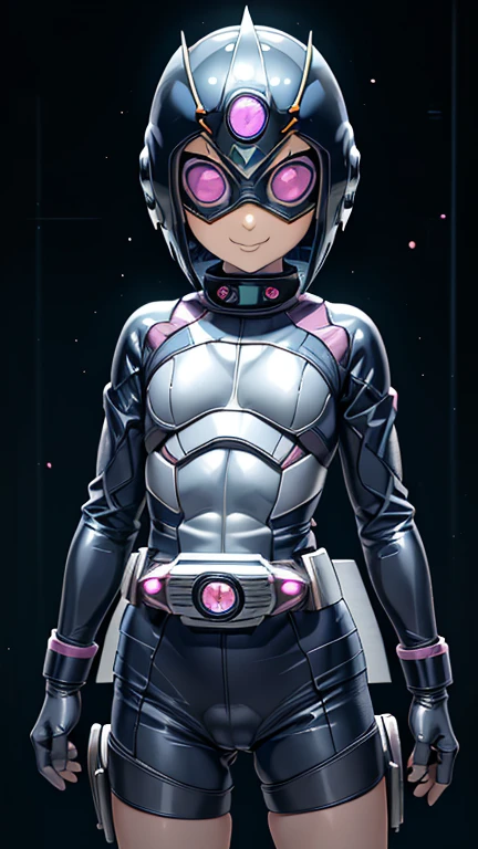 (8k),(masterpiece),(Japanese),(***************),((innocent look)),((Childish)),From the front,smile,cute,Innocent,Kind eyes,Flat chest, Hinata Hyuga,Kamen Rider,dark blue helmet,grey superhero mask,camisa,no Hair,night,dark, Neon light cyberpunk Konoha village