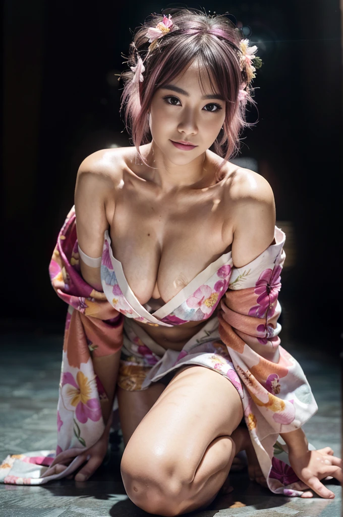 A (full body portrait:1.2) of a beautiful naked japanese girl with ((pink hair highlights:1.1) with (black hair highlights hairstyle:1.2)), beautiful detailed eyes, beautiful detailed lips, extremely detailed face, long eyelashes,  skinny body wearing (loose floral kimono:1.2), sagging breast with soft skin, (bare shoulders:1.3), kneeling, elegant poses, innocent expression, smile looks, warm ambient, cinematic composition, highly detailed, photorealistic, digital art, vibrant colors, natural lighting, sunbeam, ethereal, simple  background, looking forward, facing forward, front body front view, low angle, photon mapping