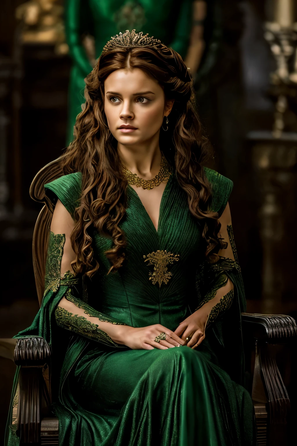 masterpiece, high quality, intricate details, cinematic photo queen Alicent, Alicent, brunette hair, wearing green dress, big hair, wavy hair, hand supporting head, iron throne room, realistic, best quality, highly detailed high saturation