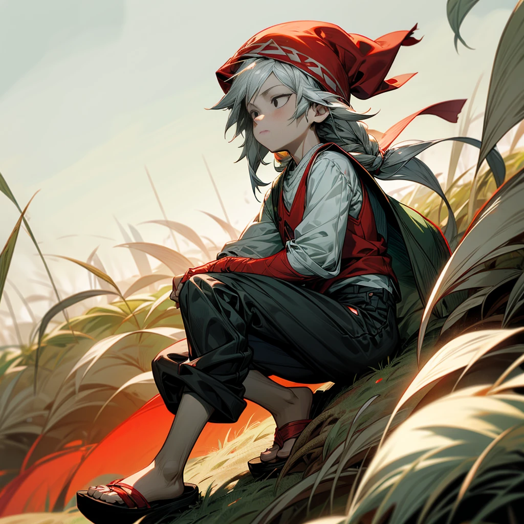 1little boy, Full body version, 1character, black eyes color, milk skin, long hairstyle, monolod eyes type, silver colour hair, Farmer villager clothing style, red color clothing, black pants, white scraf, Ancient roman sandals, vest, green Beanie, Grassroots background in field villager, motion blur