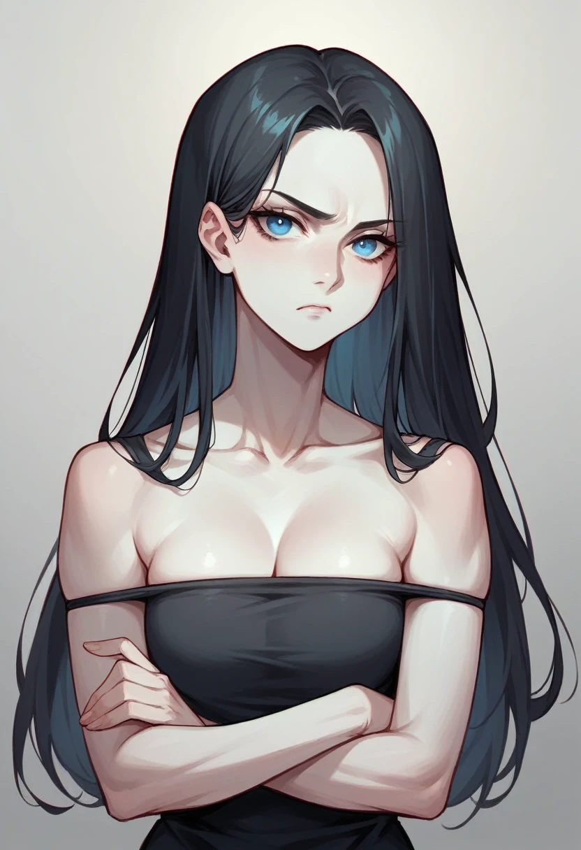 A girl with pale skin, long black hair and deep blue eyes dressed in black clothes is glued to the body with a serious expression with her arms crossed 