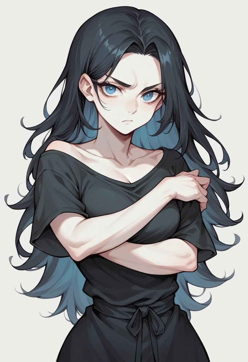 A girl with pale skin, long black hair and deep blue eyes dressed in black clothes is glued to the body with a serious expression with her arms crossed 