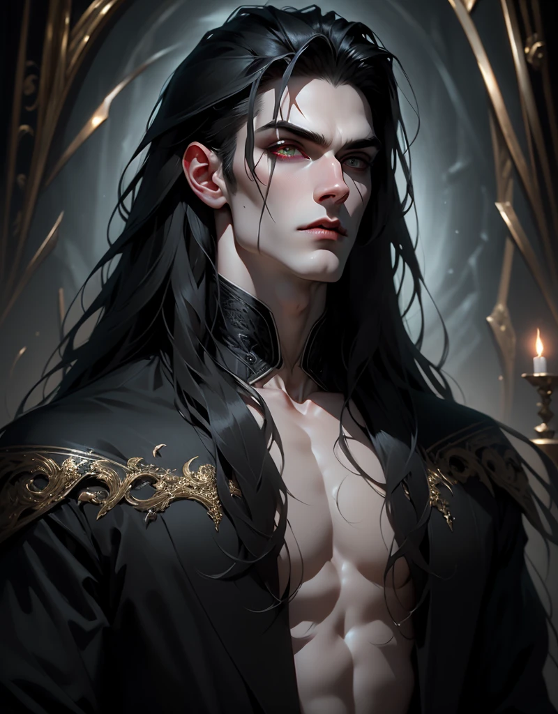 {anatomy}(Masterpiece - Ultra-detailed, very high resolution) Prepare to be enchanted by a true masterpiece that combines ultra-detailed art with high-resolution rendering. This work portrays a vampire man with long black hair (1.3) and captivating golden eyes (1.2), emanating an aura of mystery in decadent settings. The intricate details and realistic textures invite you to explore every aspect of this enchanting composition. Vampire man wearing black. Serious expressions. Pale skin like a vampire.