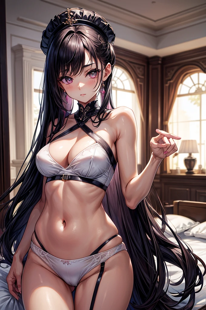 gorgeous, masterpiece, best quality, high-resolution, finely detailed, extremely detailed and beautiful, distinct-image, 1 girl, 16 year old ager, solo, sharp facial features, oval shaped face. cherry pink lips, lightly tanned white skin. velvet-colored eyes, C-cup breasts, tall height(175cm), slim yet chiseled body type, short shoulder length dark violet-black hair, small narrow waist, long and slender legs, curvy wide hips, crisscross bralette shirt top, stockings, sleepwear, bedroom