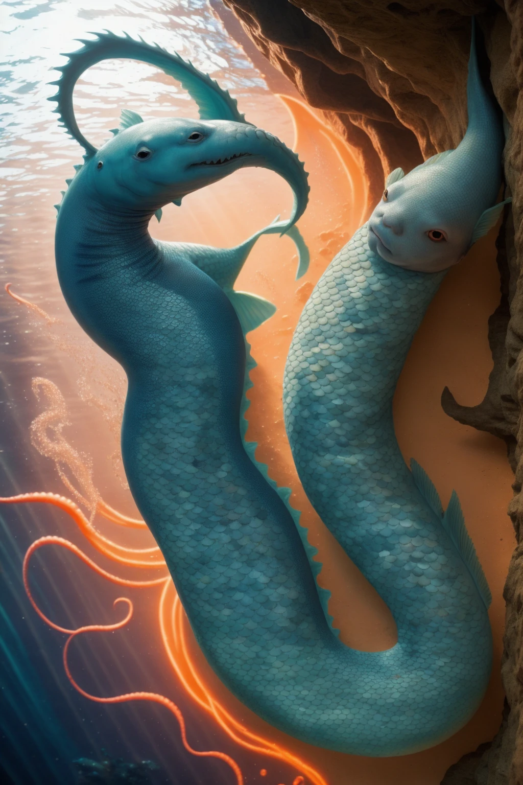 Merman woman of the seas, worm and blue, Mermaid tail, sensual sexy, in the deep sea