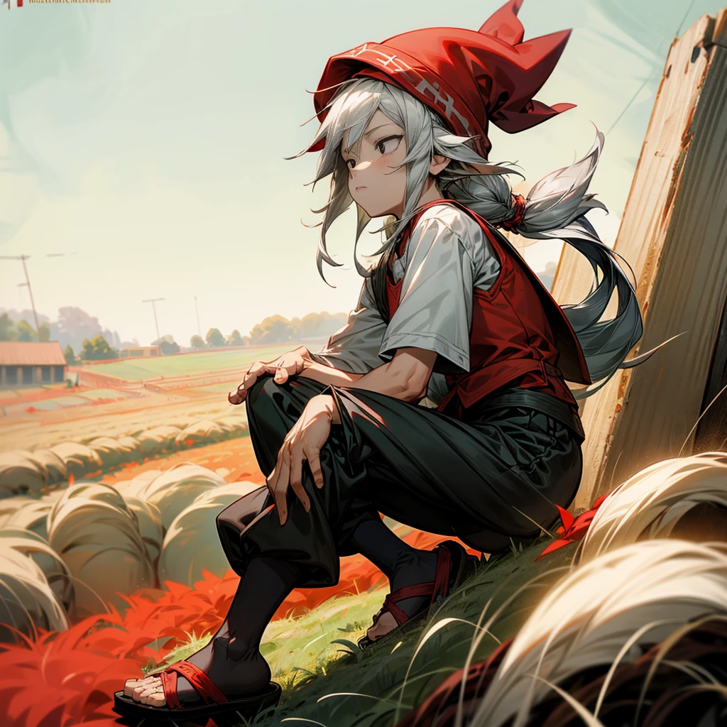 1little boy, Full body version, 1character, black eyes color, milk skin, long hairstyle, monolod eyes type, silver colour hair, Farmer villager clothing style, red color clothing, black pants, white scraf, Ancient roman sandals, vest, green Beanie, Grassroots background in field villager, motion blur