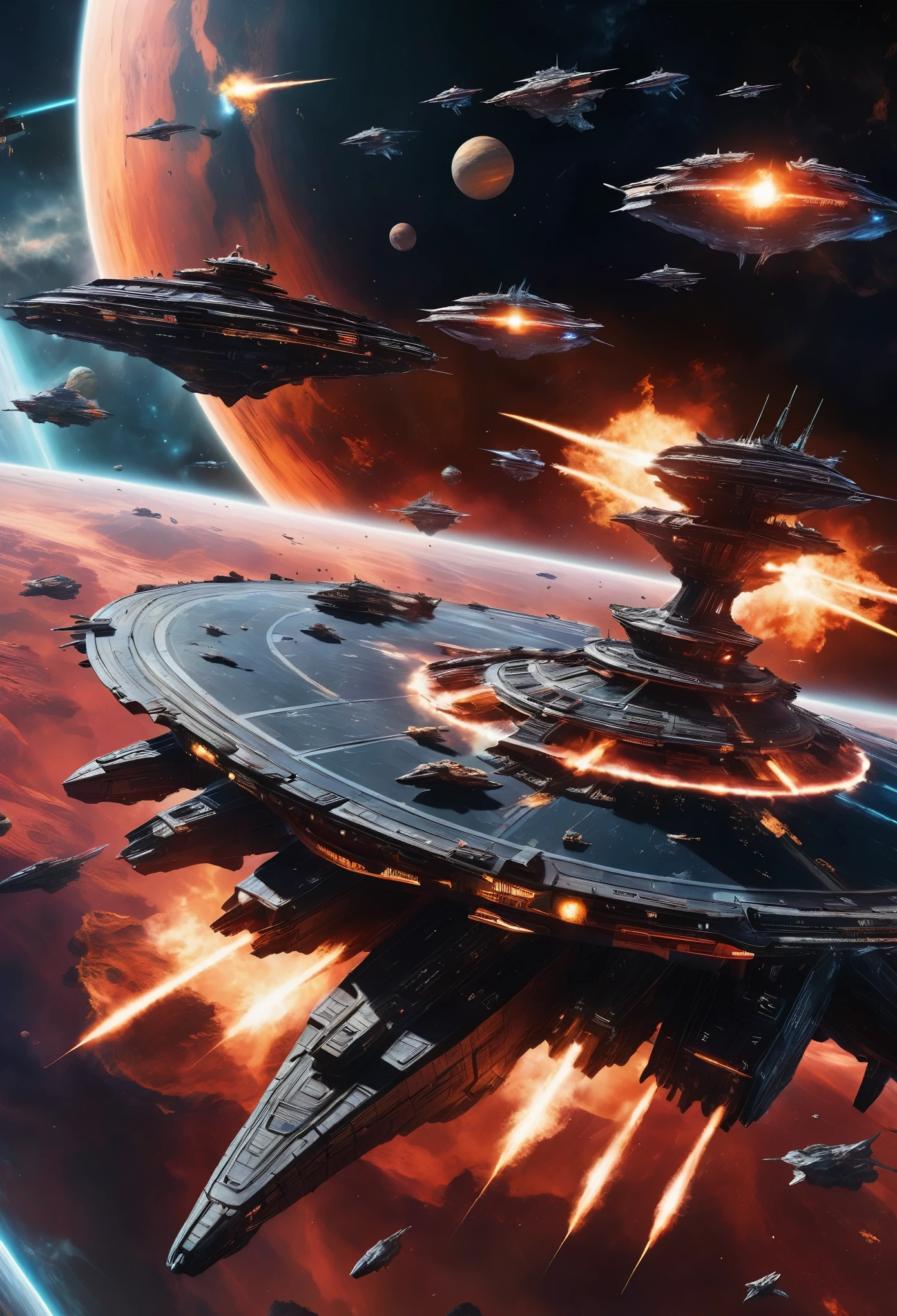 A cinematic scene of an epic space battle, with multiple starships engaged in combat amidst the backdrop of swirling flames and debris. The background features distant planets in dark red hues, adding to the dramatic atmosphere. In close up view, focus on one ship at center stage, surrounded by smaller ships from both sides.