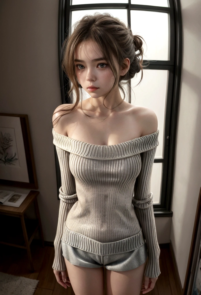 (), big fit ass ,(work of art), best qualityer, extremely detaild, (water colour), blossom, Delicate and gorgeous, illustration, (from low),(1 girl:1.4), (standing alone:1.2), seios big fit asss, (ribbed sweater:1.3), ombro to ombro sweater, (short shorts:1.2), bared shoulders, (below the chest), ((darkskin:0.8)), gorgeous eyes, (disheveled hair ), fot, over shoulder shot, por Alex Maleev, proffesional, Canon Camera, Nikon Camera, Spitz, bokeh, Studio quality, Fish-eye lens, by Robert Capa ,