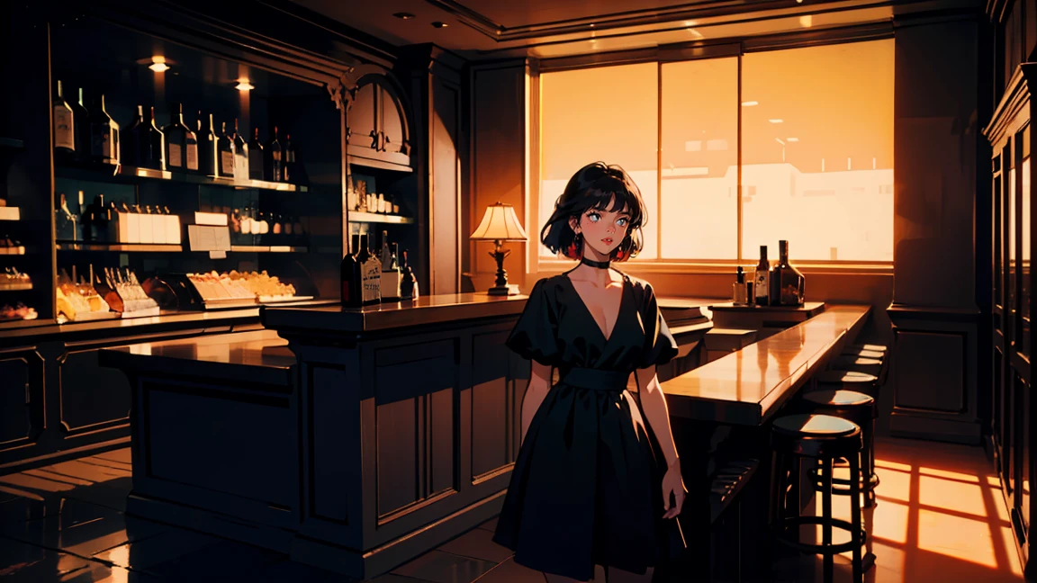 Classic bar counter in a luxury hotel,Cocktail,A dress with atmosphere, Adult women , smile, (Backlight: 1.1), A scene from a movie, Soft Shadows, masterpiece, Highest quality, Complex, Model shooting style, Film Grain, Wide Shot、Red lipstick、Blue tones