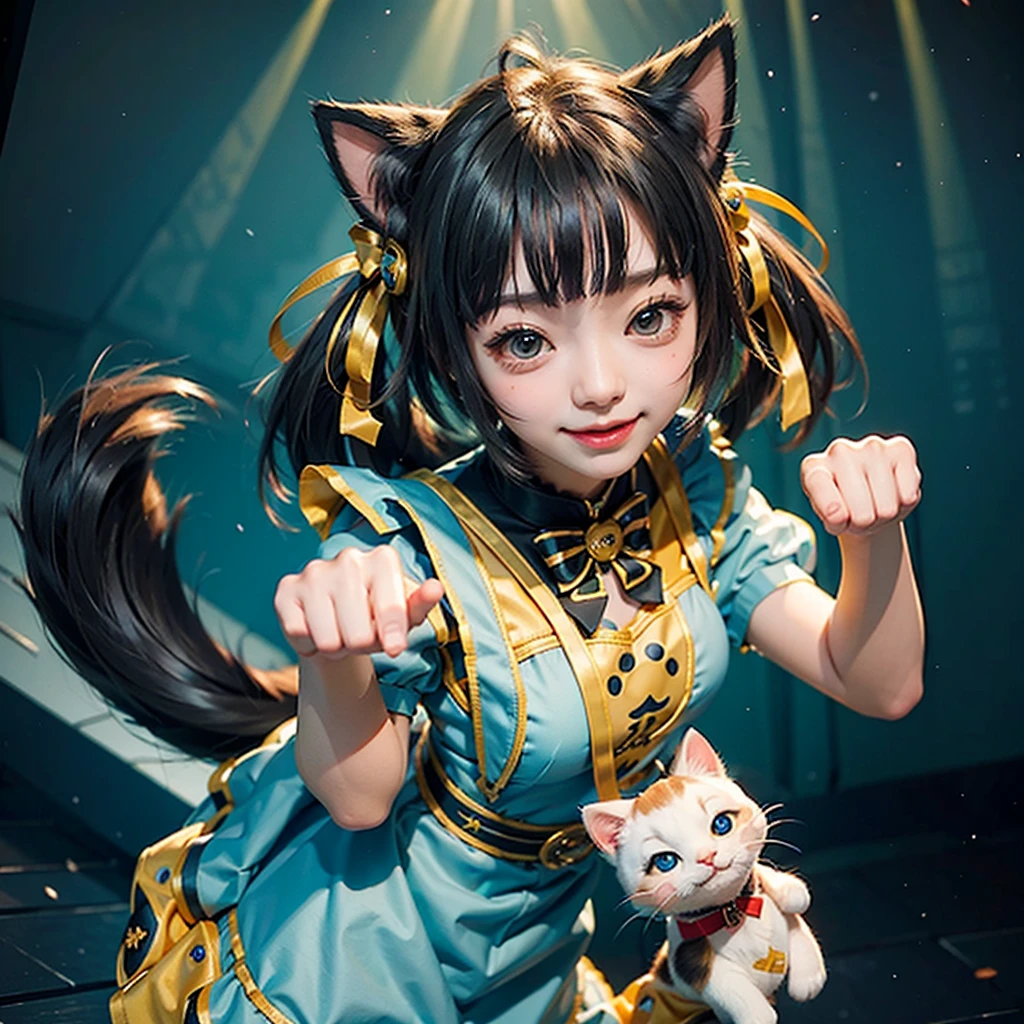 最high quality, (masterpiece:1.2), Very detailed, Are standing, Cat ear, One girl, alone, Looking at the audience, Mouth open, smile, From above, Cat's Fangs,Red Hair, Red clothes、White apron、Twin tails , Blue ribbon hair ornament, Tie your hair up, beautiful, beautiful woman, Perfect body, Perfect breasts, Wear earrings, wear the watch, Looking at the audience, a smile, realism, masterpiece, Skin Texture, Very detailed, High detail, high quality, 最high quality, 1080P, 16K