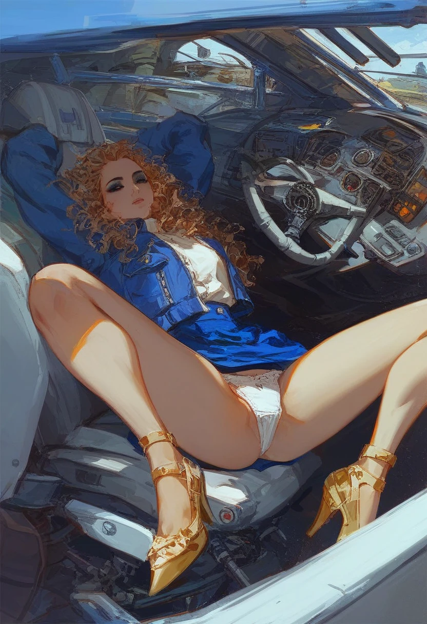 score_9, score_8_up, score_7_up, source_anime, Expressiveh, 1female、stewardess、spread her legs、showing panties、white panties、cabin attendant uniform、tailored jacket、Plain navy blue mini skirt、Golden wavy hair、high heels、dark makeup、Airplane cockpit