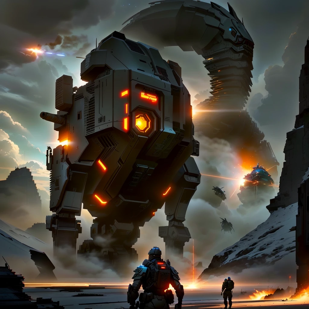 a group of soldiers and a giant robot shooting a (Huge Kaiju), fps game concept art, epic fantasy sci fi illustration, sergey kolesov concept art, jessica rossier fantasy art, concept art 4 k, concept art 4k, epic digital concept art, concept art wallpaper 4k, futuristic tank is on fire, concept art for a video game