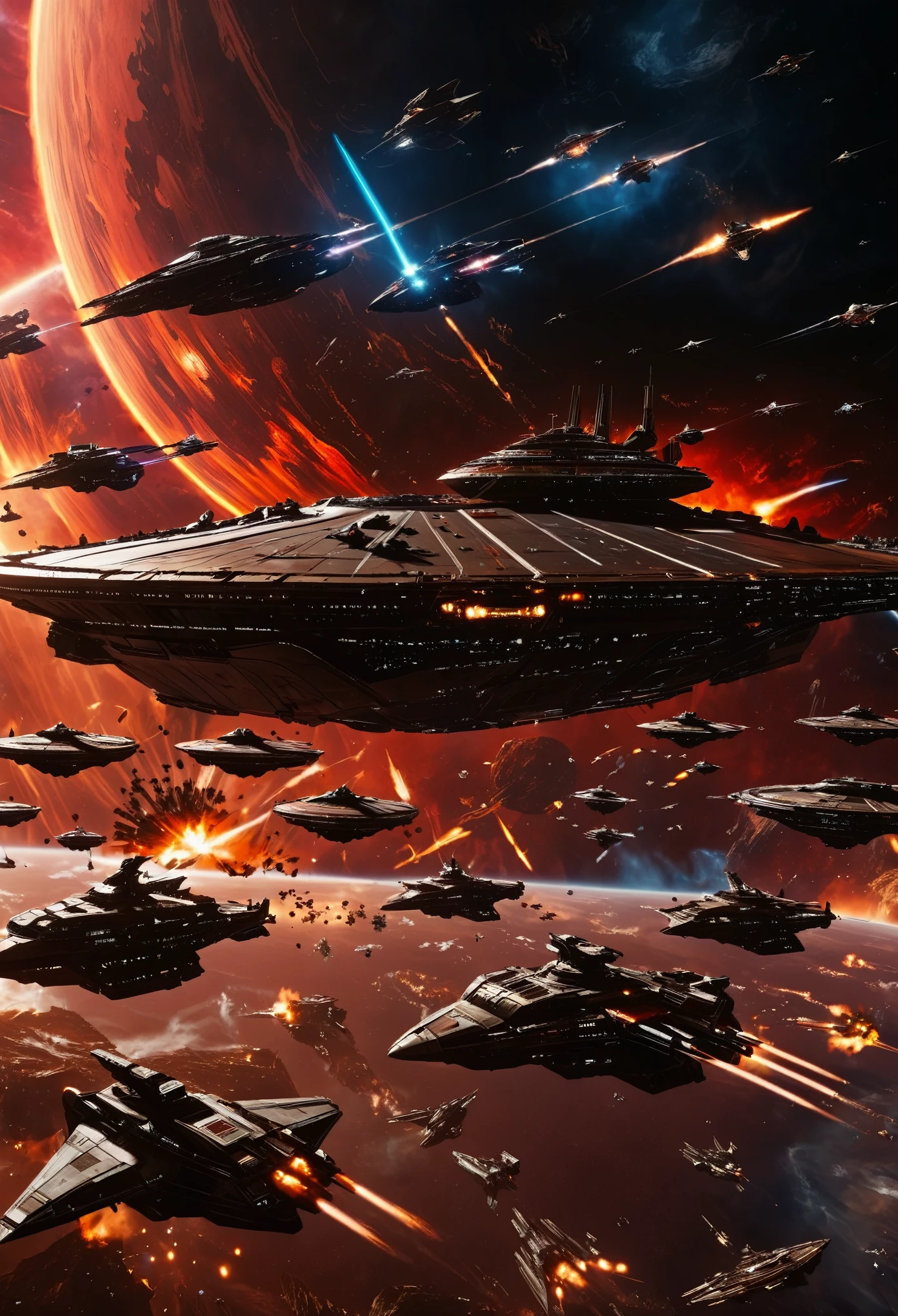 A cinematic scene of an epic space battle, with multiple starships engaged in combat amidst the backdrop of swirling flames and debris. The background features distant planets in dark red hues, adding to the dramatic atmosphere. In close up view, focus on one ship at center stage, surrounded by smaller ships from both sides.