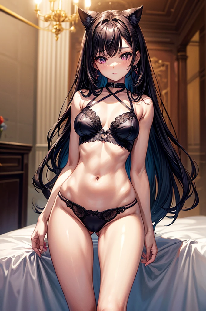 gorgeous, masterpiece, best quality, high-resolution, finely detailed, extremely detailed and beautiful, distinct-image, 1 girl, 16 year old ager, solo, sharp facial features, oval shaped face. cherry pink lips, lightly tanned white skin. velvet-colored eyes, C-cup breasts, tall height(175cm), slim yet chiseled body type, short shoulder length dark violet-black hair, small narrow waist, long and slender legs, curvy wide hips, crisscross bralette shirt top, stockings, sleepwear, bedroom