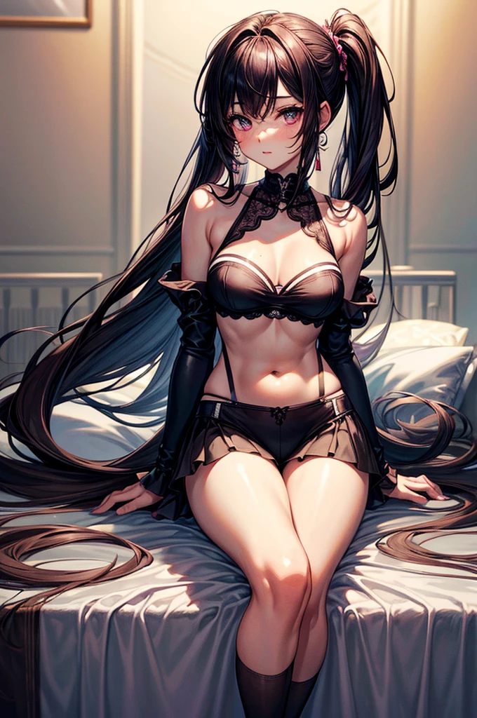 gorgeous, masterpiece, best quality, high-resolution, finely detailed, extremely detailed and beautiful, distinct-image, 1 girl, 16 year old ager, solo, sharp facial features, oval shaped face. cherry pink lips, lightly tanned white skin. velvet-colored eyes, C-cup breasts, tall height(175cm), slim yet chiseled body type, short shoulder length dark violet-black hair, small narrow waist, long and slender legs, curvy wide hips, crisscross bralette shirt top, stockings, sleepwear, bedroom