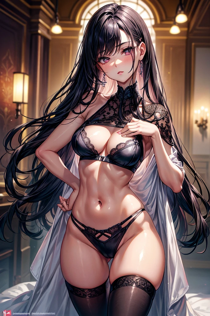 gorgeous, masterpiece, best quality, high-resolution, finely detailed, extremely detailed and beautiful, distinct-image, 1 girl, , solo, sharp facial features, oval shaped face. cherry pink lips, lightly tanned white skin. velvet-colored eyes, C-cup breasts, tall height(175cm), slim yet chiseled body type, short shoulder length dark violet-black hair, small narrow waist, long and slender legs, curvy wide hips, crisscross bralette shirt top, stockings, sleepwear, bedroom