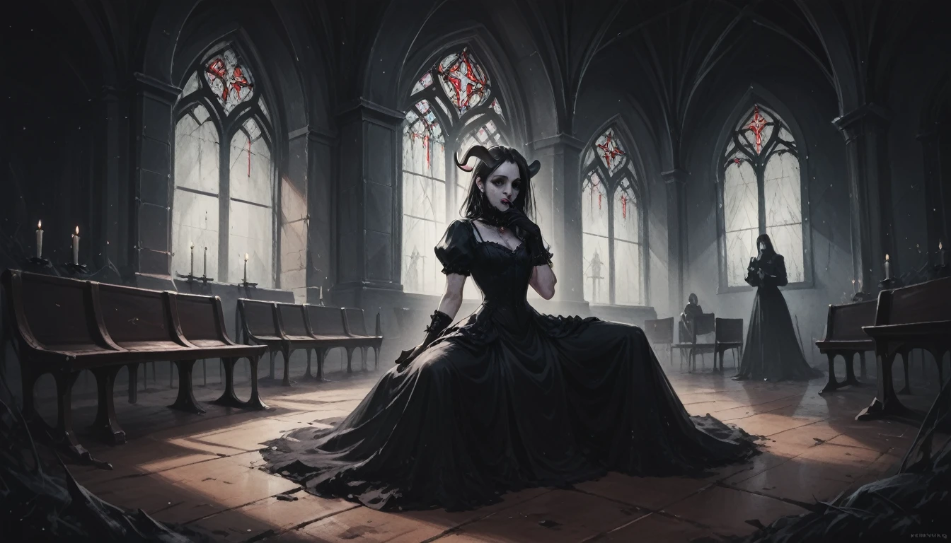 a painting of a holy succubus with horns, spread legs, hand to mouth, gloves, gothic dress, vampire the masquerade bloodlines, incredible art, gloomy background, nimbus, church ragged vestments, darksketch