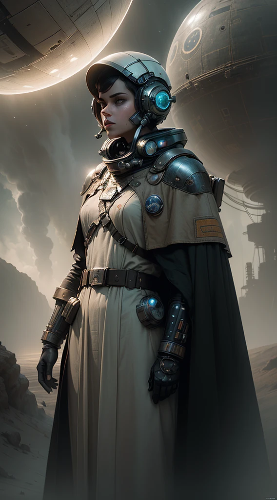 (Best quality,4K,8K,A high resolution,Masterpiece:1.2),(Realistic,Photorealistic,photo-realistic:1.37),Astronaut,Steam punk,film-noir,Otherworldly,Vivid colors,Dreamlike,Sci-fi,subtly lit,Atmospheric,view of the cosmos,Steam-powered machinery,Ethereal,hauntingly beautiful,Moody shadows,Retro-futuristic technology,Starlight fog,exploration,Adventure,Mystery,Galactic environment,exalted,Isolated heroine,Interstellar Travel,dramatic contrast,distant planets,Majestic face,Sci-fi fashion,Smoke and fog effects,contrasting textures,Timeless beauty