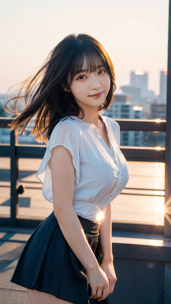 (highest quality,masterpiece:1.3,Ultra-high resolution),(Super detailed,Caustics,8k),(Photorealistic:1.4,RAW shooting),Japanese,23 years old,cute,Are standing,(Smiling and looking at the camera),Black Hair Middle Hair,Big Breasts,White blouse,Knee-length skirt,Strong winds,Hair blowing in the wind,Rooftop,Backlight,Sunset,Sunset sky,Waist up shot,(Face Focus),(Face close up),Low position,Low - Angle,Natural light