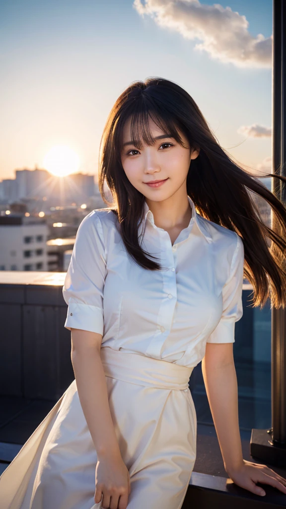 (highest quality,masterpiece:1.3,Ultra-high resolution),(Super detailed,Caustics,8k),(Photorealistic:1.4,RAW shooting),Japanese,23 years old,cute,Are standing,(Smiling and looking at the camera),Black Hair Middle Hair,Big Breasts,White blouse,Knee-length skirt,Strong winds,Hair blowing in the wind,Rooftop,Backlight,Sunset,Sunset sky,Waist up shot,(Face Focus),(Face close up),Low position,Low - Angle,Natural light