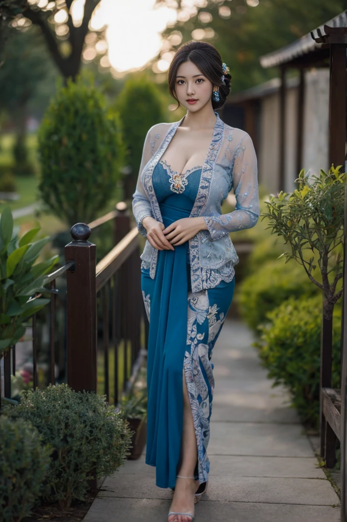 8k, best quality, Medium close-up, (blue kebaya )、(luxury kebaya ), (short kebaya), (top-quality,​masterpiece:1.3,超A high resolution,),(ultra-detailliert,Caustics),(Photorealsitic:1.4,RAW shooting,)Ultra-realistic capture,A highly detailed,high-definition16Kfor human skin, Cute and lovely Korean girl, realistic, ultra detail, photo realistic, Increase quality, 
 standing in a garden with a scarf, garden, (large breast), (cleavage ), close-up shot,  mouth,dark-haired, Messy Updo hair, (depth of fields、chromatic abberation、Wide range of lighting、Natural Shading、)、(Exterior light at night:1.4)、(Hair swaying in the wind:1.2).